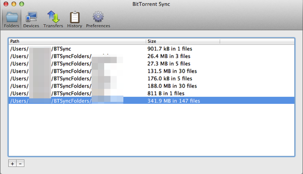 Die Ordnerübersicht von BitTorrent Sync