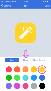 The icon settings page with the color palette open. Yellow is highlighted. An arrow points at the Glyph tab.