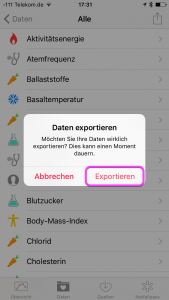 An alert asking if you really want to export you data. It may take a while.