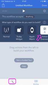 The new workflow screen in the workflow app. Action Extension and Actions are highlighted.